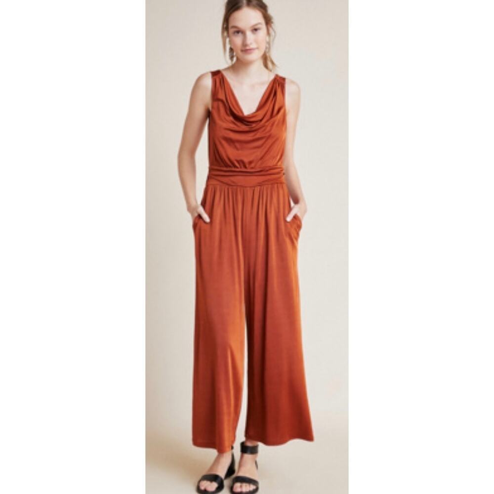 Maeve Anthropologie Enchantment Cooper Rust Orange Cowneck Jumpsuit, size XS